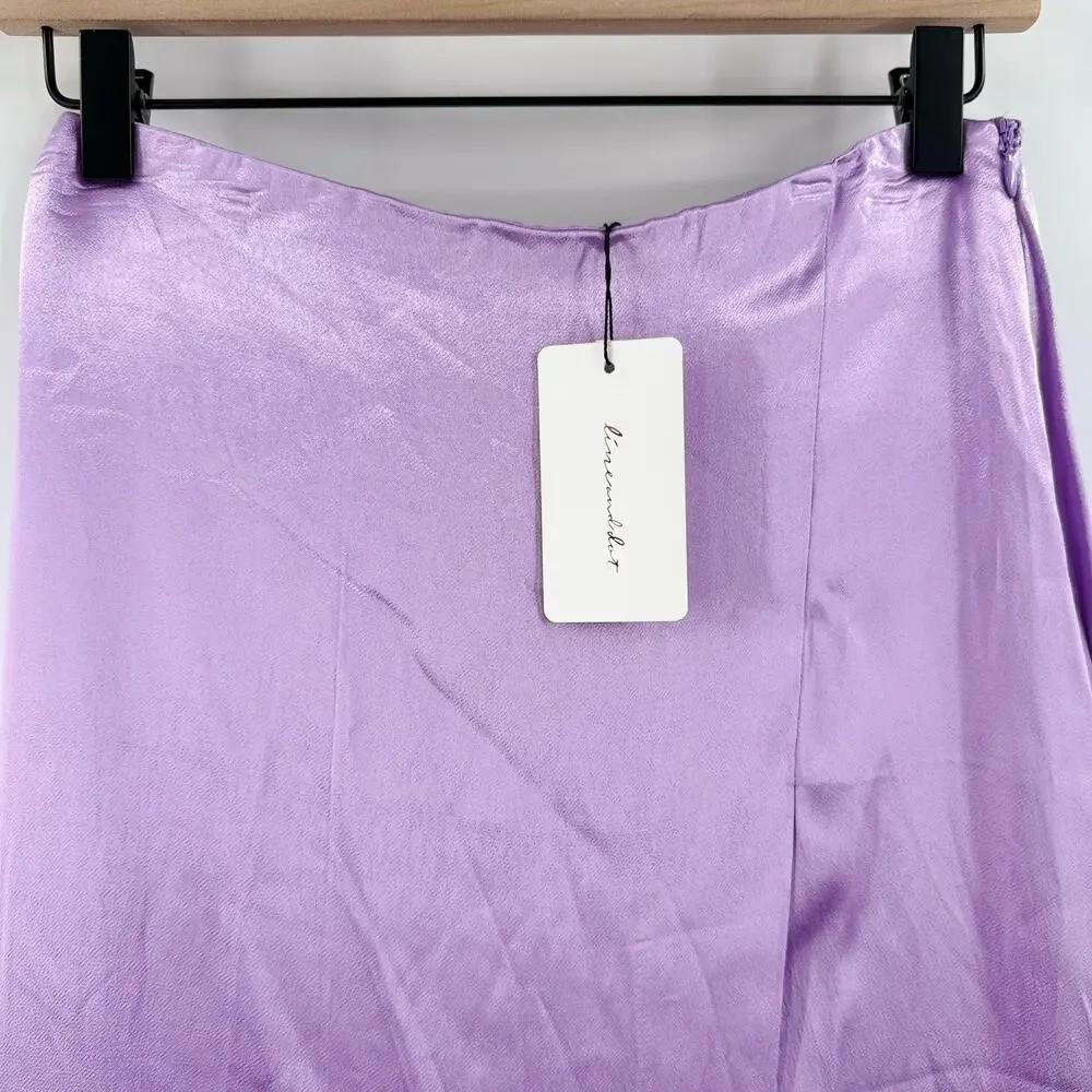 LINE & DOT Adelyn Skirt SZ Small NWT Lilac Purple Satin High Slit Midi Zipper